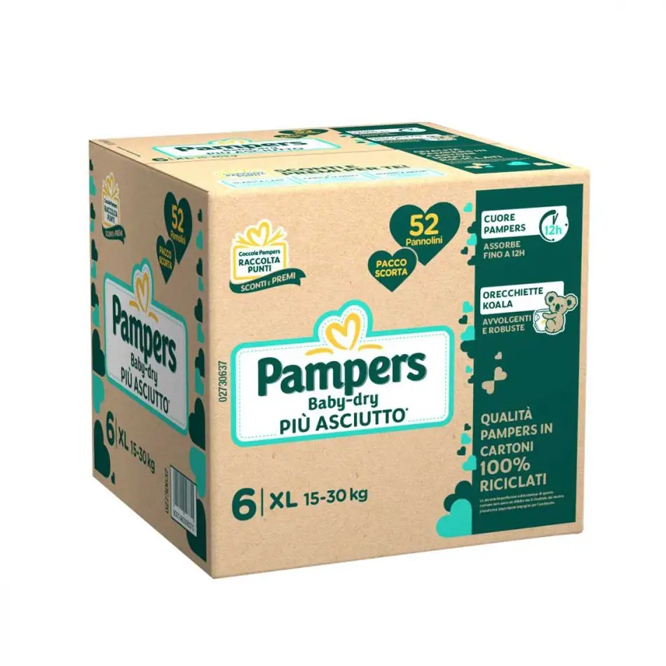 PANNOLINI PAMPERS BABYDRY PACCO SCORTA QUADRIPACK TAGLIA 6 52 PZ