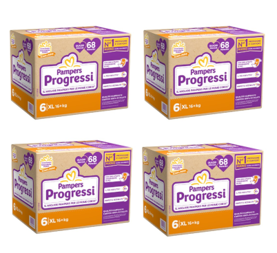 4 CONFEZIONI PANNOLINI PAMPERS PROGRESSI TAGLIA 6 XL